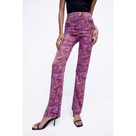 Zara Purple Orange Swirl 70s Retro Silky Straight Leg Pants Women's size Small - Picture 1 of 11
